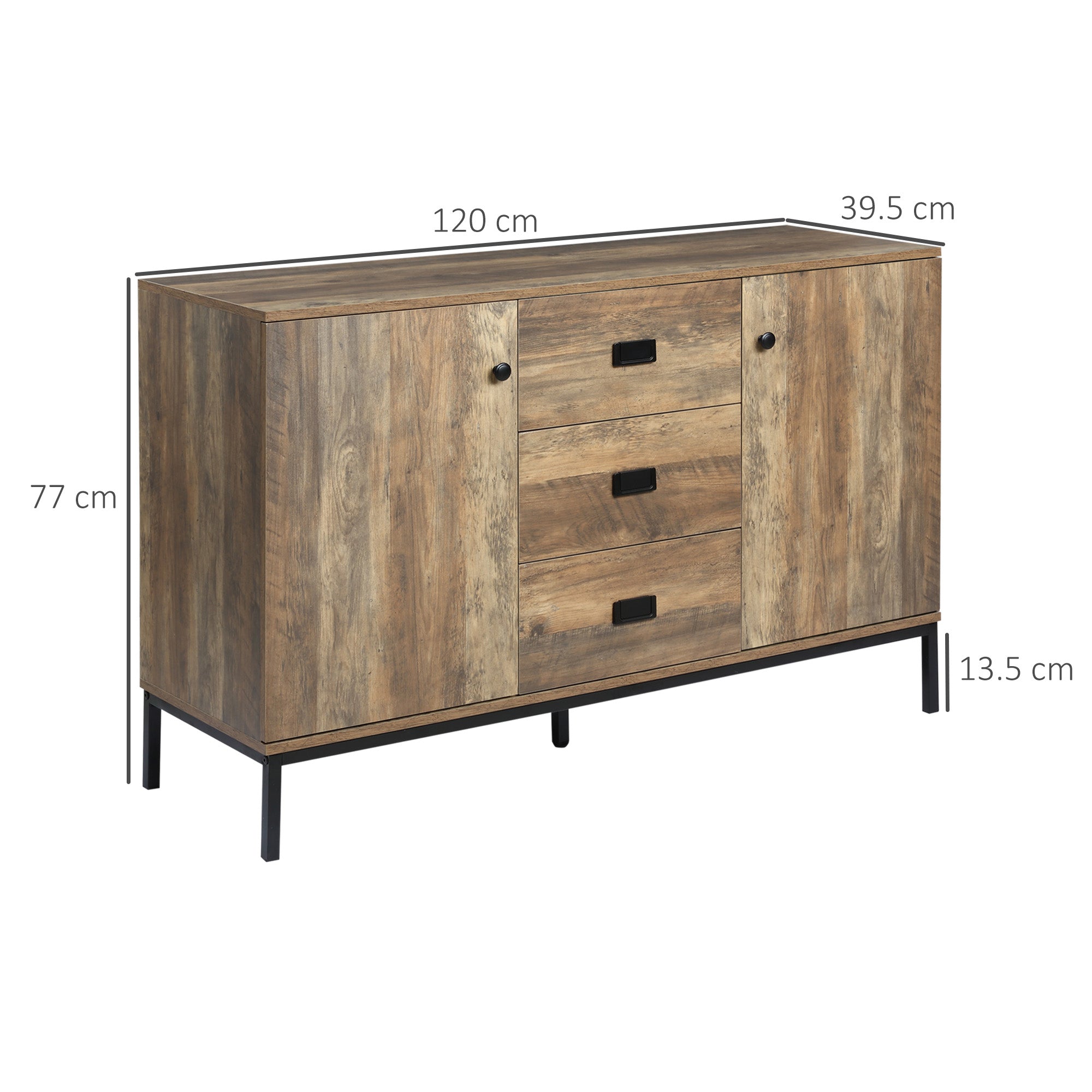 HOMCOM Industrial Sideboard with 3 Drawers, Storage Cabinet, Accent Cupboard with 2 Doors and Adjustable Shelves for Kitchen, Dining Room, Living Room, Distressed Brown